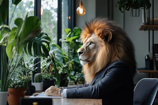 A surreal image of a lion in a suit sitting by an office window, surrounded by lush greenery. This unique setting blends professionalism with a whimsical touch, showcasing an imaginative scene.