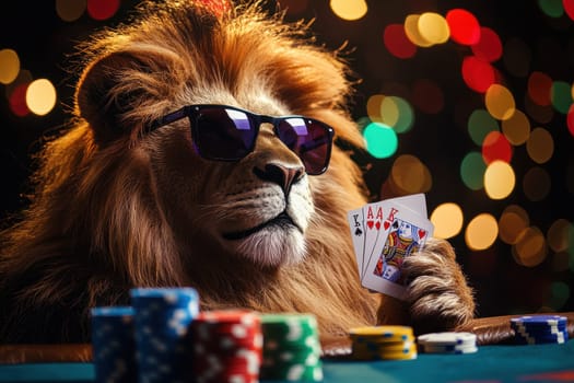 A stylish lion wearing sunglasses confidently holds cards at a poker table, surrounded by colorful casino chips, creating a lively gaming atmosphere.