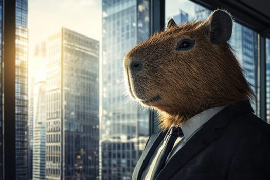 A charming capybara dressed in a business suit stands near a window, providing a humorous twist to urban professionalism. The backdrop features a vibrant city skyline bathed in sunlight.