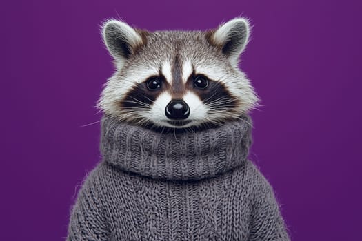A charming raccoon wearing a cozy gray sweater poses against a vivid purple backdrop. The playful expression and soft texture create an engaging animal portrait.