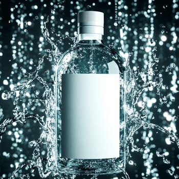 Transparent bottle filled with liquid is standing in the middle of a big splash of water, creating interesting shapes and reflections