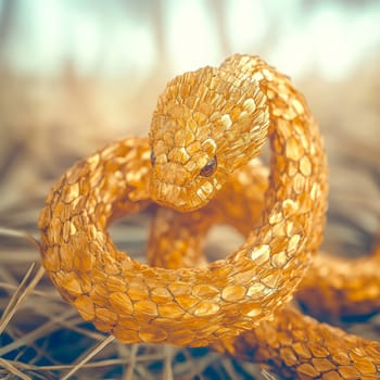 Close-up of a snake. The skin of the snake is covered with golden sequins, iridescent yellow and red. High quality photo