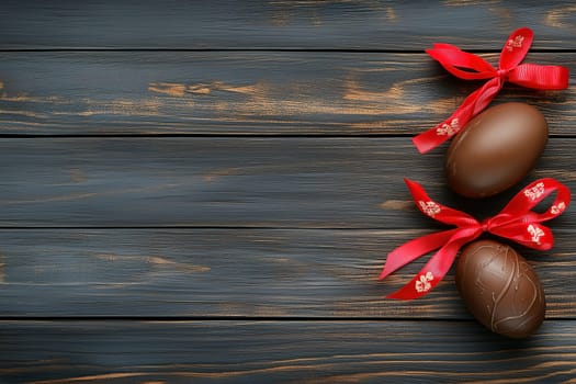 Two beautifully wrapped chocolate Easter eggs with vibrant red ribbons sit on a dark wooden background, perfect for the holiday season.