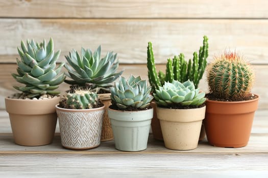 A collection of various succulents and cacti in decorative pots arranged on a wooden surface, creating a vibrant indoor garden display filled with greenery.
