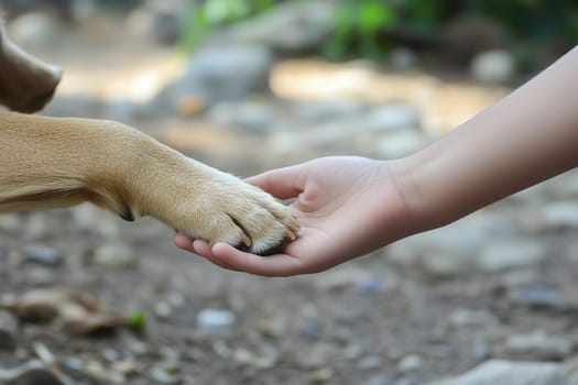 A golden retriever reaches out its paw to gently touch a child's hand in a peaceful outdoor setting, highlighting the bond between animals and humans.