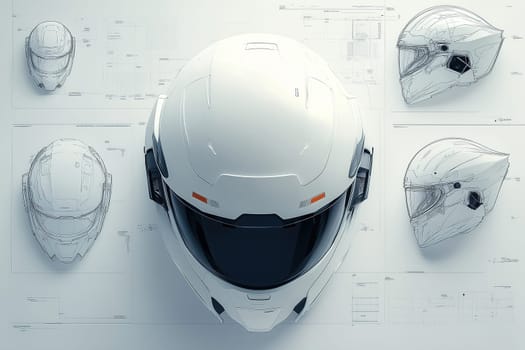 A modern motorcycle helmet is displayed prominently at the center, surrounded by various design sketches and technical drawings, showcasing an innovative approach to safety gear.