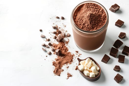 Cocoa powder spills from a glass jar alongside chocolate chunks and marshmallows, creating an inviting setup for preparing delicious baked goods and desserts.