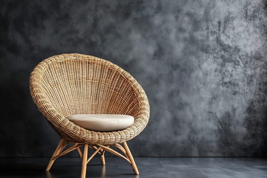 A fashionable wicker chair with a soft cushion is positioned in front of a dark, textured wall, enhancing the contemporary decor of the room.