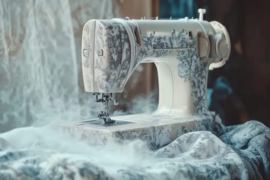 The sewing machine works effortlessly as it stitches through delicate fabric, emitting a light mist. The warm ambiance creates a cozy atmosphere ideal for crafting.