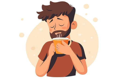 A young man savors a warm drink, closing his eyes in contentment. The soft, inviting colors create a cozy ambiance that enhances the moment.