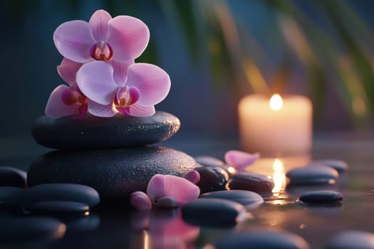 A cluster of pink orchids rests on dark, smooth stones next to a flickering candle. The tranquil arrangement radiates calmness, ideal for relaxation and meditation.