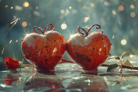 Two vibrant heartshaped ornaments glimmer beautifully in the rain, symbolizing enduring love and beautys essence
