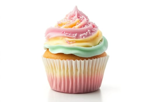 A beautifully decorated cupcake featuring layers of pastel-colored frosting topped with sprinkles, showcasing a delightful dessert perfect for celebrations.