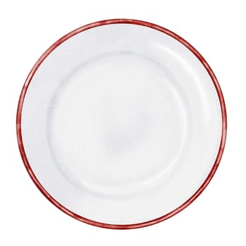 Plate white empty watercolor. Hand drawn porcelain dish with red border on isolated white background. Clip art tableware. Ideal for restaurant menus, recipe books and advertising posters. High quality illustration