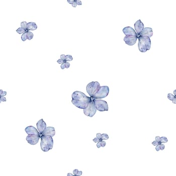 Floral seamless pattern. Hand drawn elegant blue flowers on white background. Floral illustration. Ideal for printing on fabrics, wrapping paper and cosmetics. High quality illustration