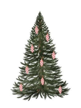 Christmas card with a Christmas tree watercolor. Hand drawn vintage evergreen tree with with vintage toys isolated on white background. Clip art of Christmas and New Year symbol. Ideal for greeting cards, posters and home crafts design. High quality illustration
