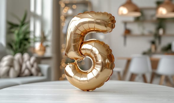 Golden congratulatory balloons in the shape of the number 5. Selective focus.