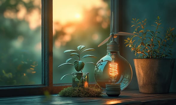 Green energy concept, creative light bulb on table. Selective focus.