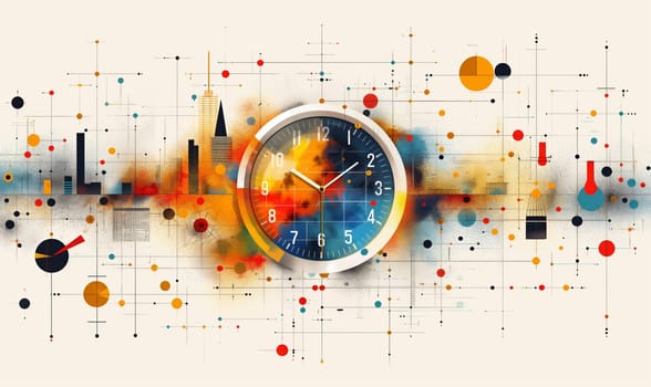 Clock on an abstract background, emphasizing the passage of time and retro design. Selective focus.