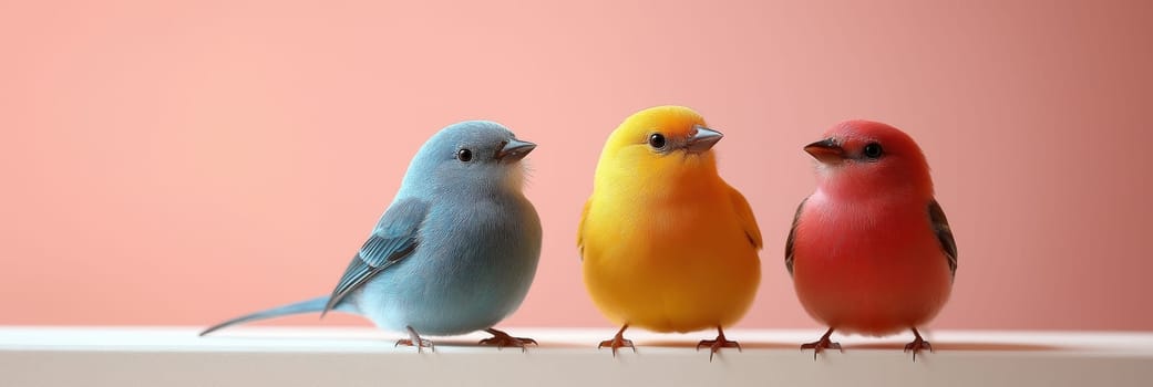 Little birds sit together on a colored background. Selective focus.