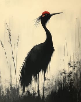 Sketch of a crane bird on a light background. Selective focus.