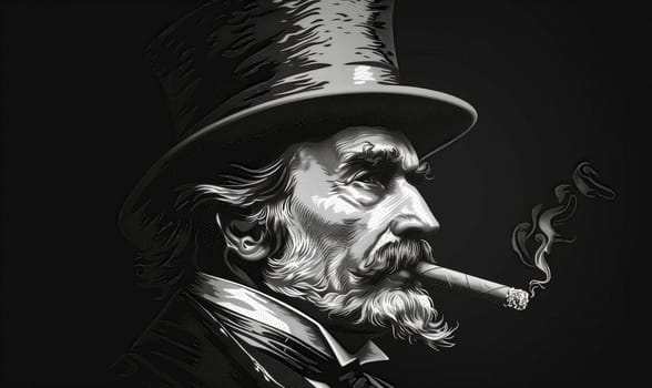 Monochrome portrait of a man in a hat and with a cigar. Selective focus.