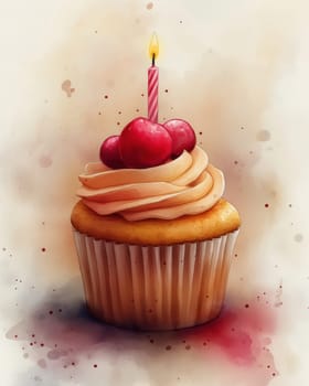 Birthday cupcake with candle on abstract background. Selective focus.