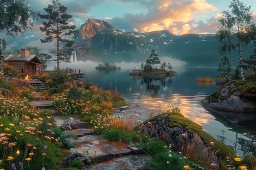 A serene lake view, framed by majestic mountains and blooming flowers, invoking deep tranquility of nature