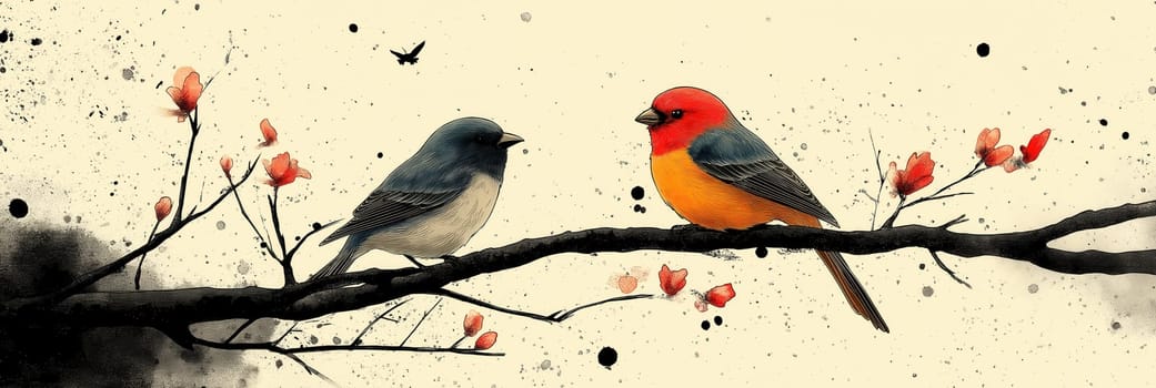 Little birds sit together on a branch. Selective focus.
