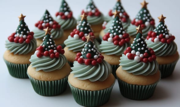Festive muffin with Christmas tree on abstract background. Selective focus.