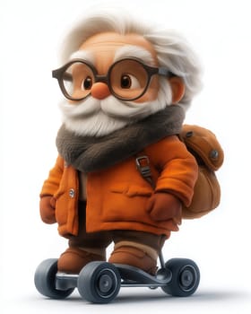Cartoon elderly man in stylish clothes riding an electric roller on a white background. Selective focus.
