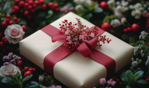 Gift box with flowers on the table. Selective focus.