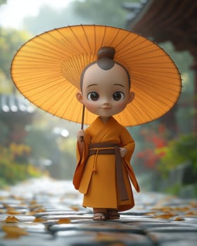 cartoon 3d asian child monk with umbrella.