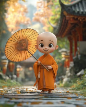 cartoon 3d asian child monk with umbrella.