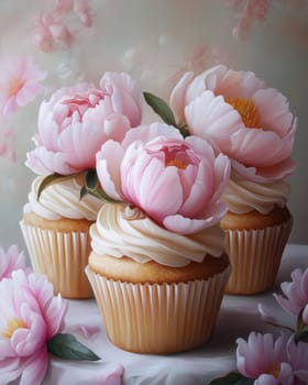 Muffin with pink peonies on an abstract background. Selective focus.