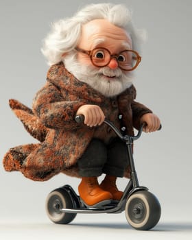 Cartoon elderly man in stylish clothes riding an electric roller on a white background. Selective focus.