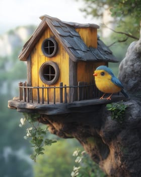 Birdhouse on tree with bird in cartoon style. Selective focus.