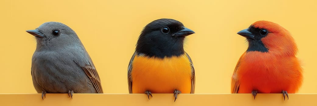 Little birds sit together on a colored background. Selective focus.
