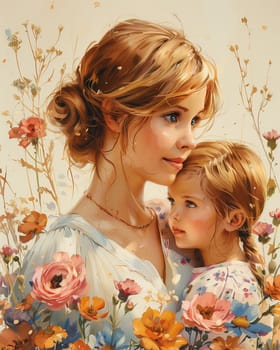 Mother and Child Surrounded by Flowers. Selective focus