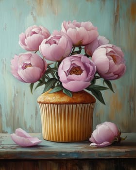 Muffin with pink peonies on an abstract background. Selective focus.