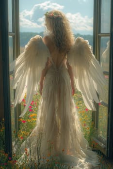 A beautiful angel stands gracefully in a sunlit garden, wearing a flowing gown and majestic, radiant wings