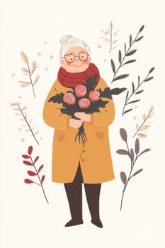 An elderly woman with a bouquet of flowers. High quality photo