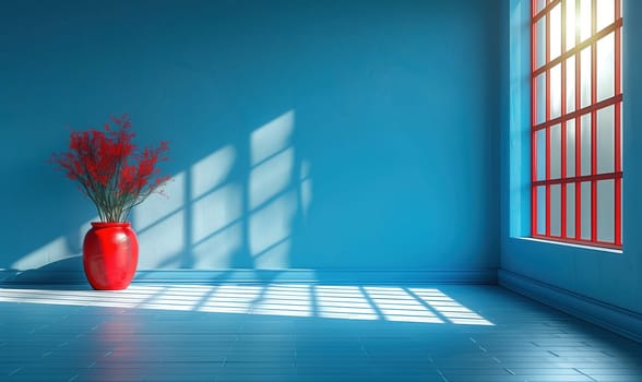 Empty room with a window with blue walls. Selective focus.