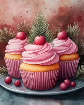 Festive muffin with Christmas tree on abstract background. Selective focus.