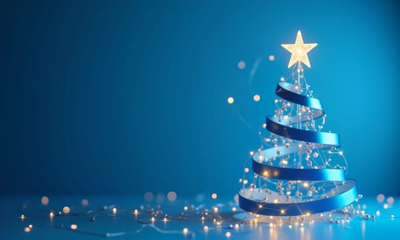 A beautifully arranged Xmas tree adorned with blue ribbons and twinkling lights, creating a festive atmosphere for the holidays - Generative AI