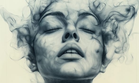 Monochrome abstract sketch of a human head, neurographics. Selective focus.