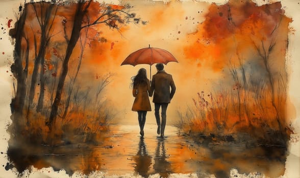 Watercolor, man and woman with umbrella in an autumn park. Selective focus.