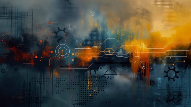 A colorful blend of abstract shapes and patterns creates a dynamic composition that evokes a sense of technology and innovation during early morning light - Generative AI
