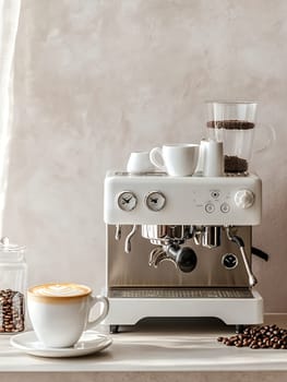 Sleek espresso machine with coffee cups and beans, perfect for a cozy morning brew.