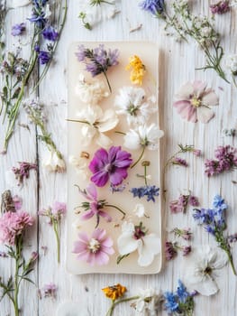 Handmade soap embedded with colorful dried flowers on a rustic wooden background, perfect for natural skincare.